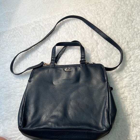 Tula England Medium Blue Ziptop Multiway Satchel Navy /Gold Handbag. EUC. - Picture 1 of 8